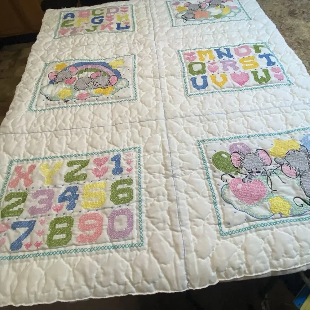 Vintage 1970s Crib Baby Coverlet Embroidery Needlepoint Novelty Quilted Blanket